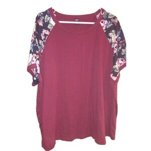 Women's SZ 5x Emery Rose Short Sleeve Burgundy Shirt Top Floral Sleeves‎ Basic